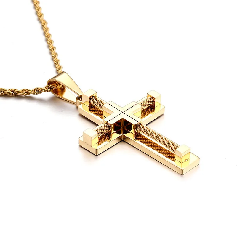 Classic Gold Plated Stainless Steel Cross Necklaces & Pendants For Men