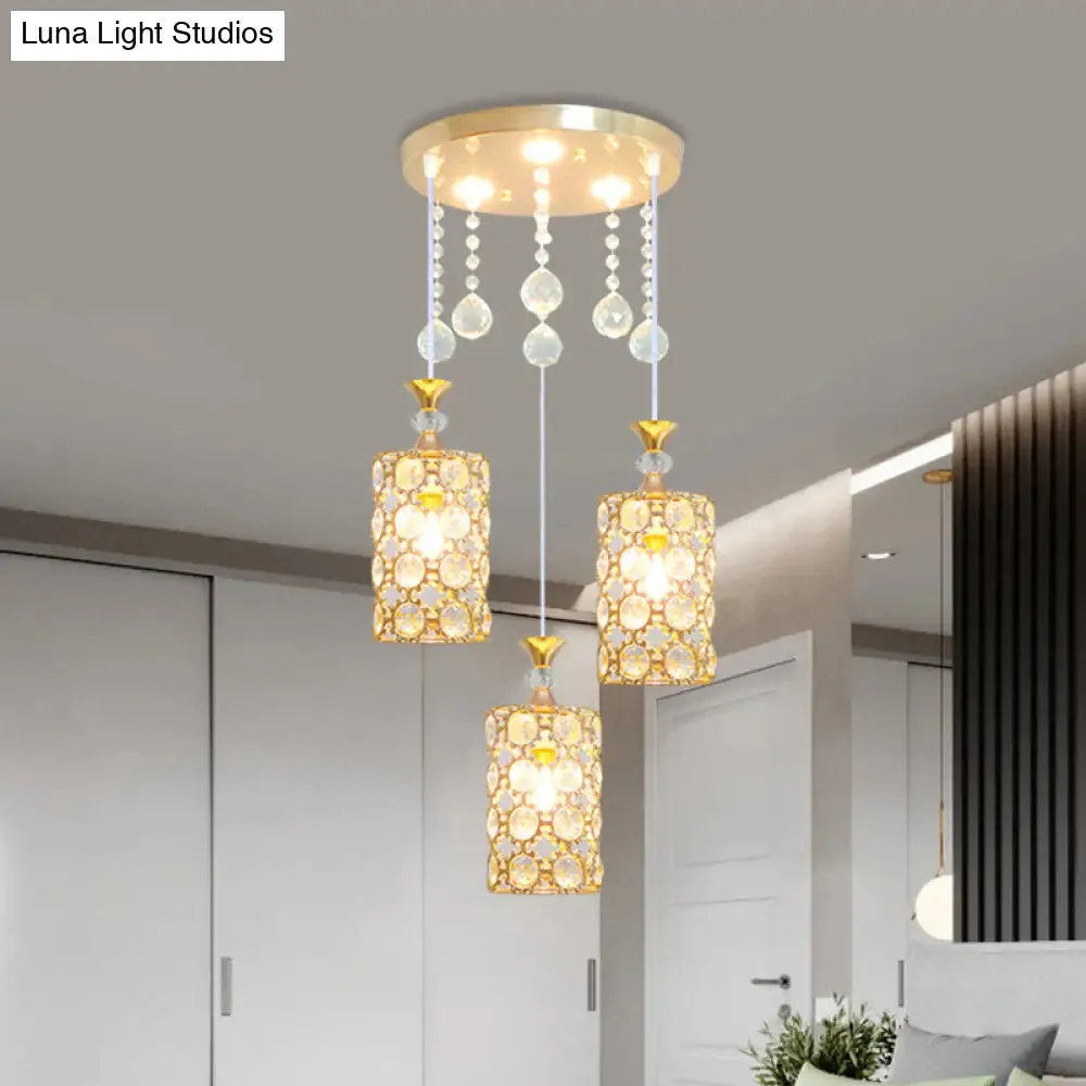 Contemporary Gold Finish Crystal-Encrusted Hanging Lighting with 3 Bulbs