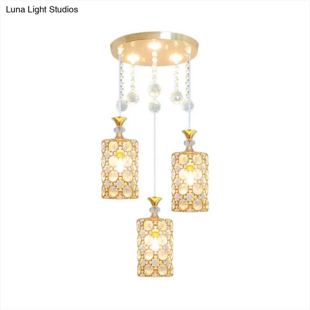 Contemporary Gold Finish Crystal-Encrusted Hanging Lighting with 3 Bulbs