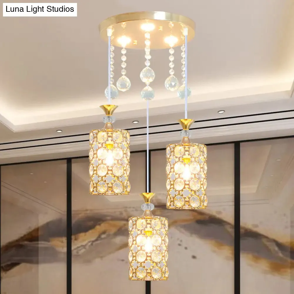 Contemporary Gold Finish Crystal-Encrusted Hanging Lighting with 3 Bulbs