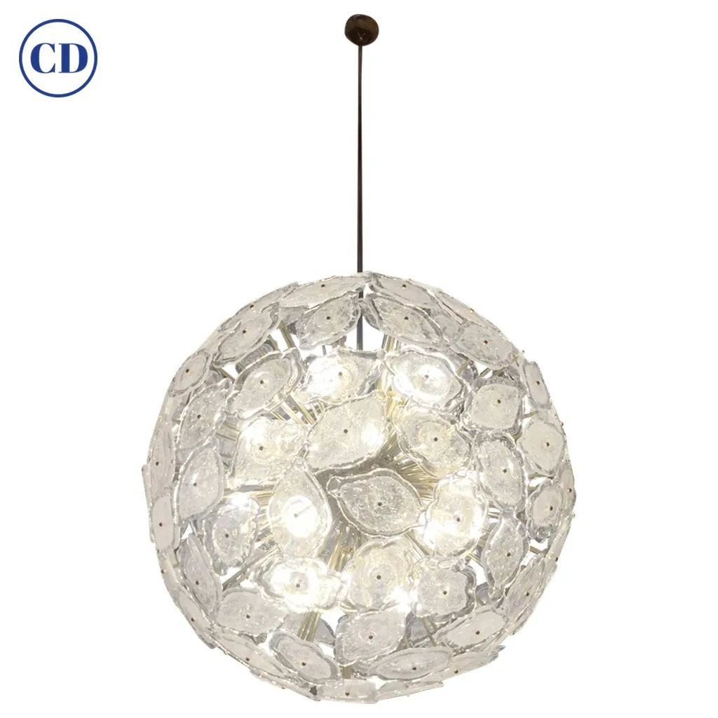 Contemporary Italian Brass & White Frosted Murano Glass Leaf Sputnik Chandelier
