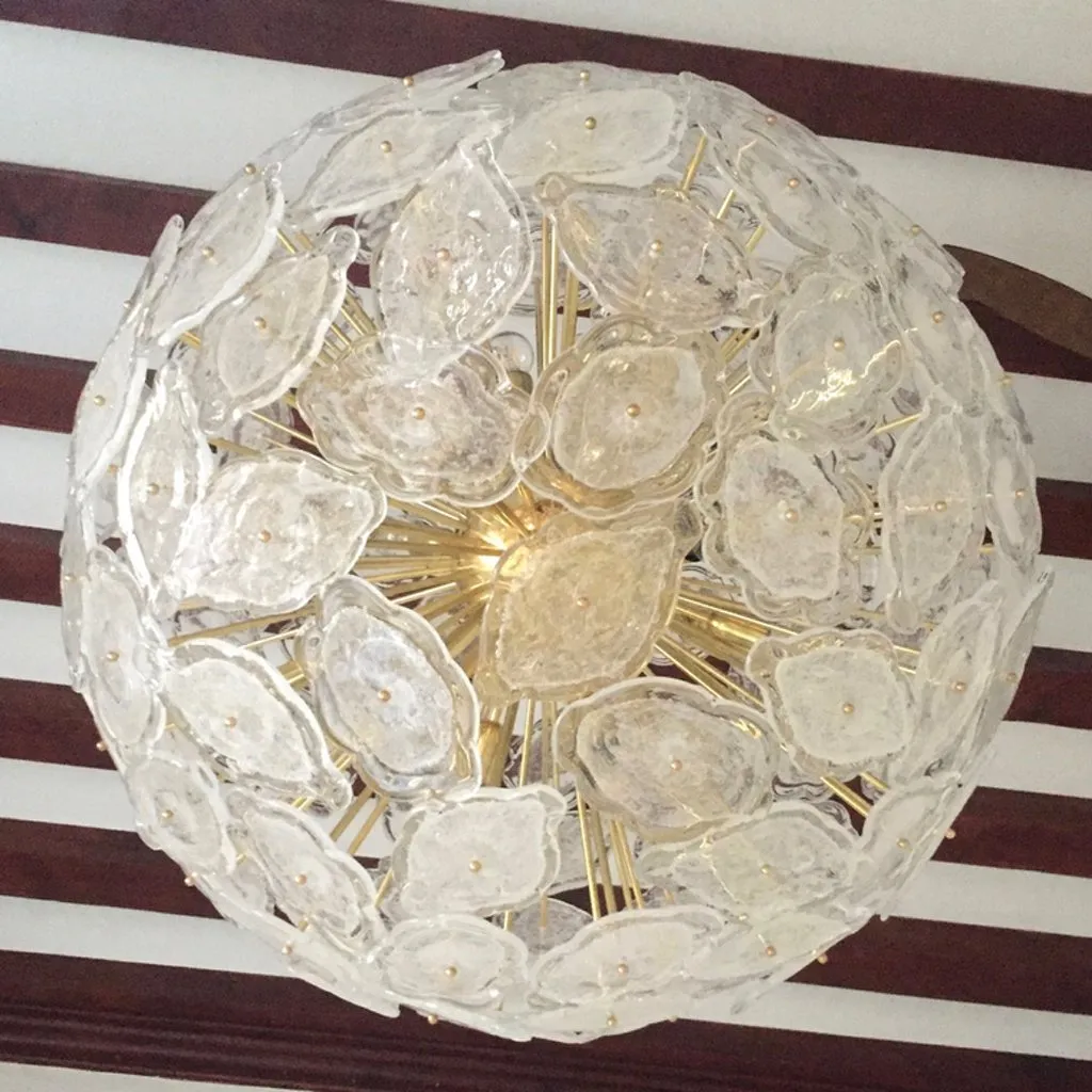 Contemporary Italian Brass & White Frosted Murano Glass Leaf Sputnik Chandelier