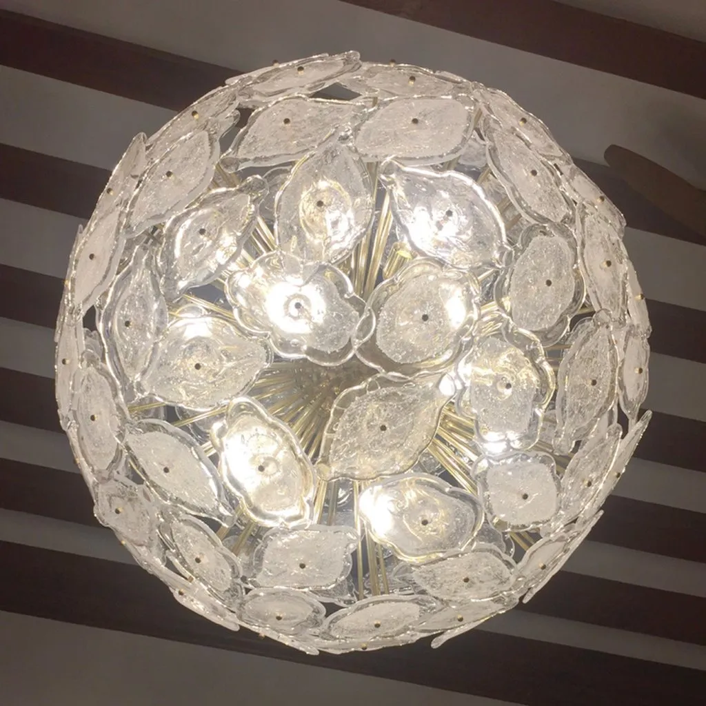 Contemporary Italian Brass & White Frosted Murano Glass Leaf Sputnik Chandelier