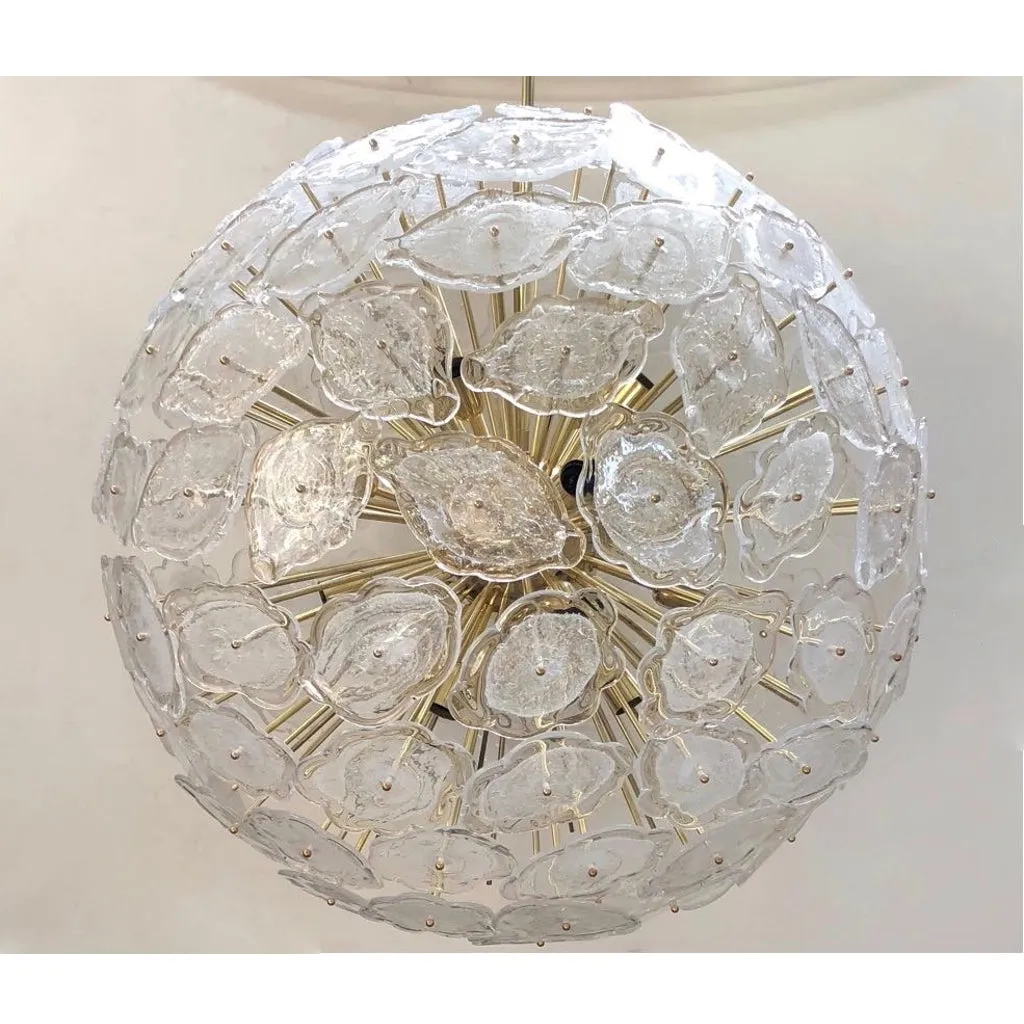 Contemporary Italian Brass & White Frosted Murano Glass Leaf Sputnik Chandelier