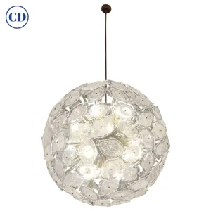 Contemporary Italian Brass & White Frosted Murano Glass Leaf Sputnik Chandelier