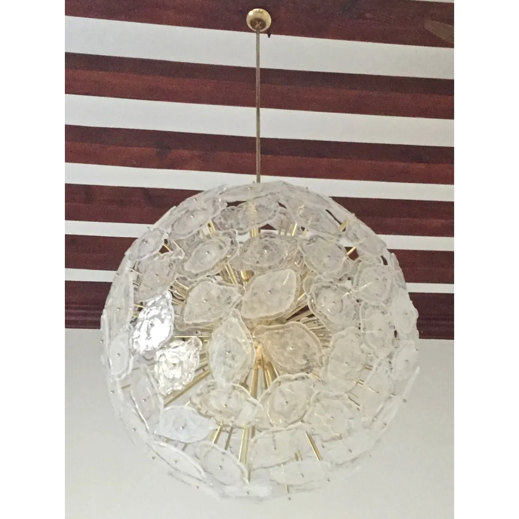 Contemporary Italian Brass & White Frosted Murano Glass Leaf Sputnik Chandelier