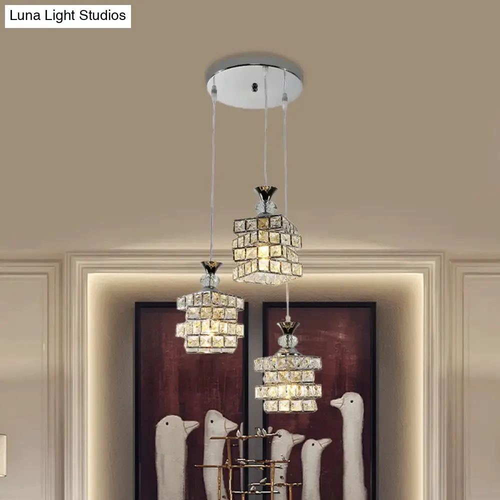 Crystal Block 3-Head Pendant Light Fixture with Silver Finish and Multi-Ceiling Design