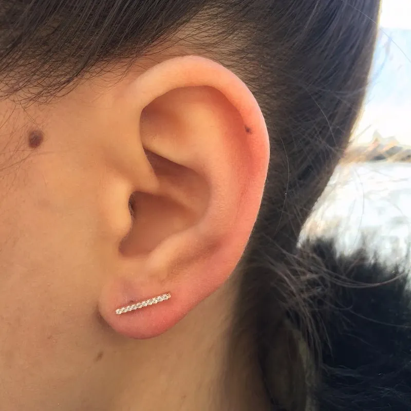 Dainty Silver Simple Bar Studs Earring with Crystals