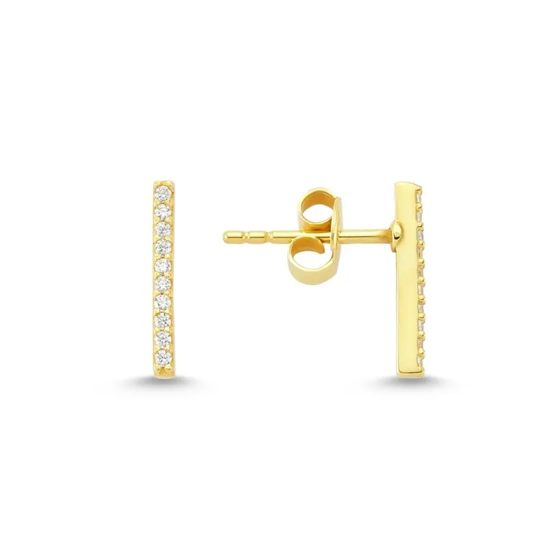 Dainty Silver Simple Bar Studs Earring with Crystals