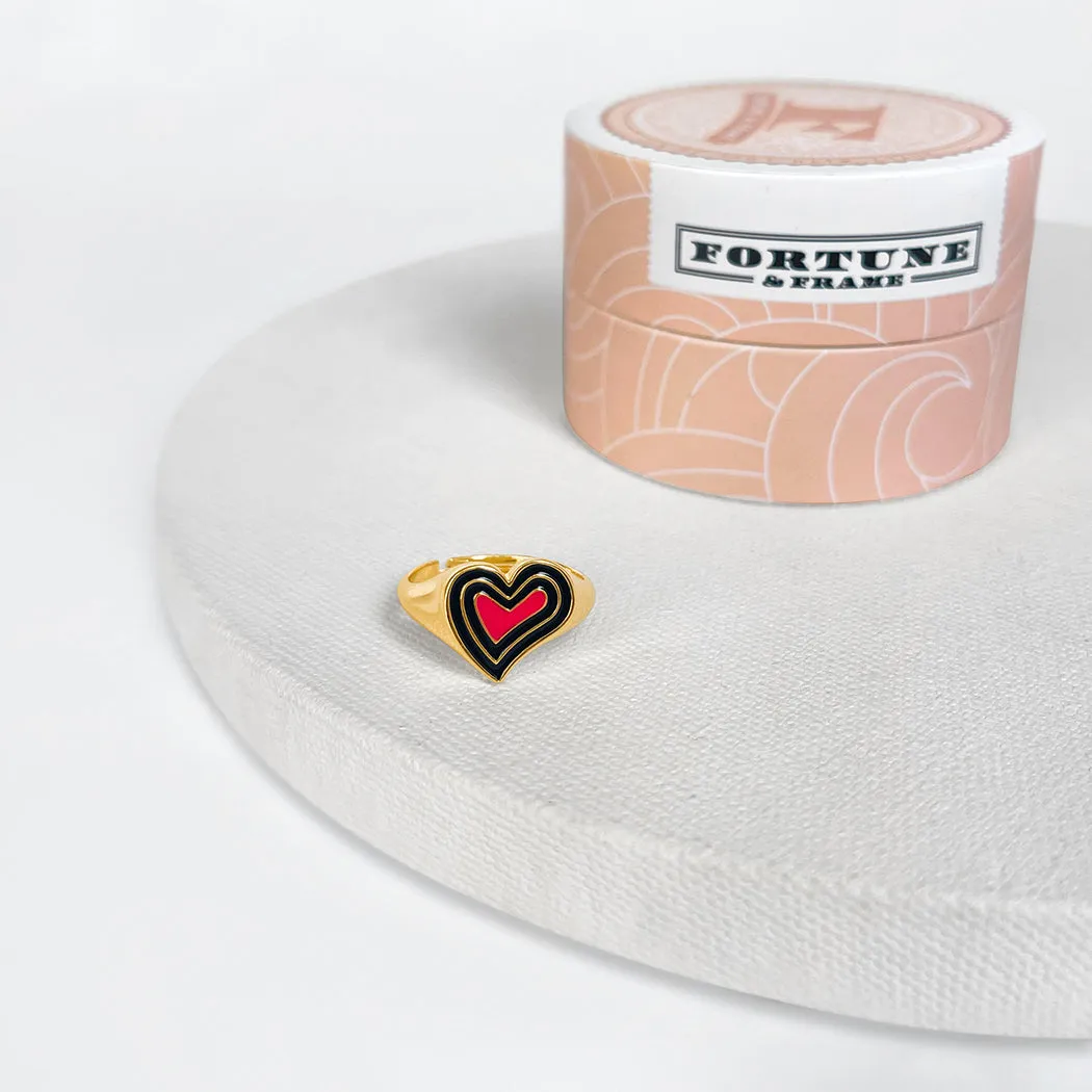 Deco Heart Signet Ring (Onyx & Pink) - Gold
