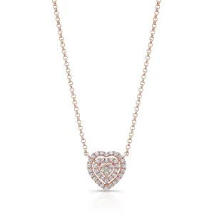 Diamond Heart Cluster Necklace With Pave Double Border In 14k Rose Gold, 18 Inches
