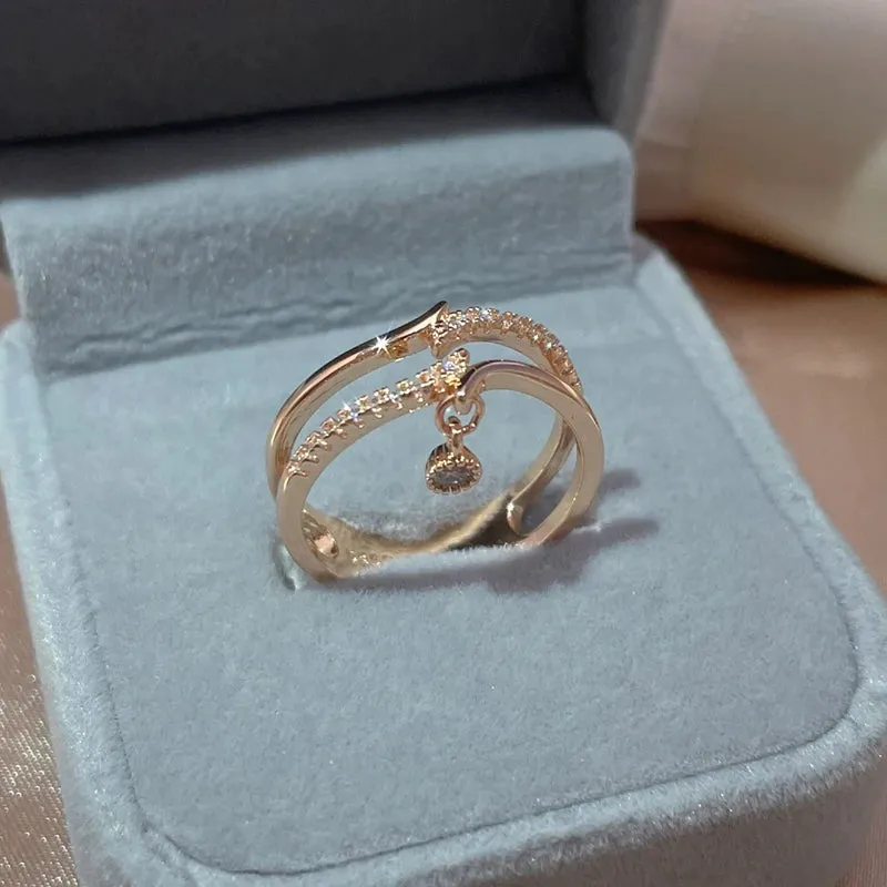 Elegant Double Layer 14K Rolled Rose Gold Shiny AAA  Zircon Diamonds Ring - Luxury Unique Trendy Fine Jewelry
