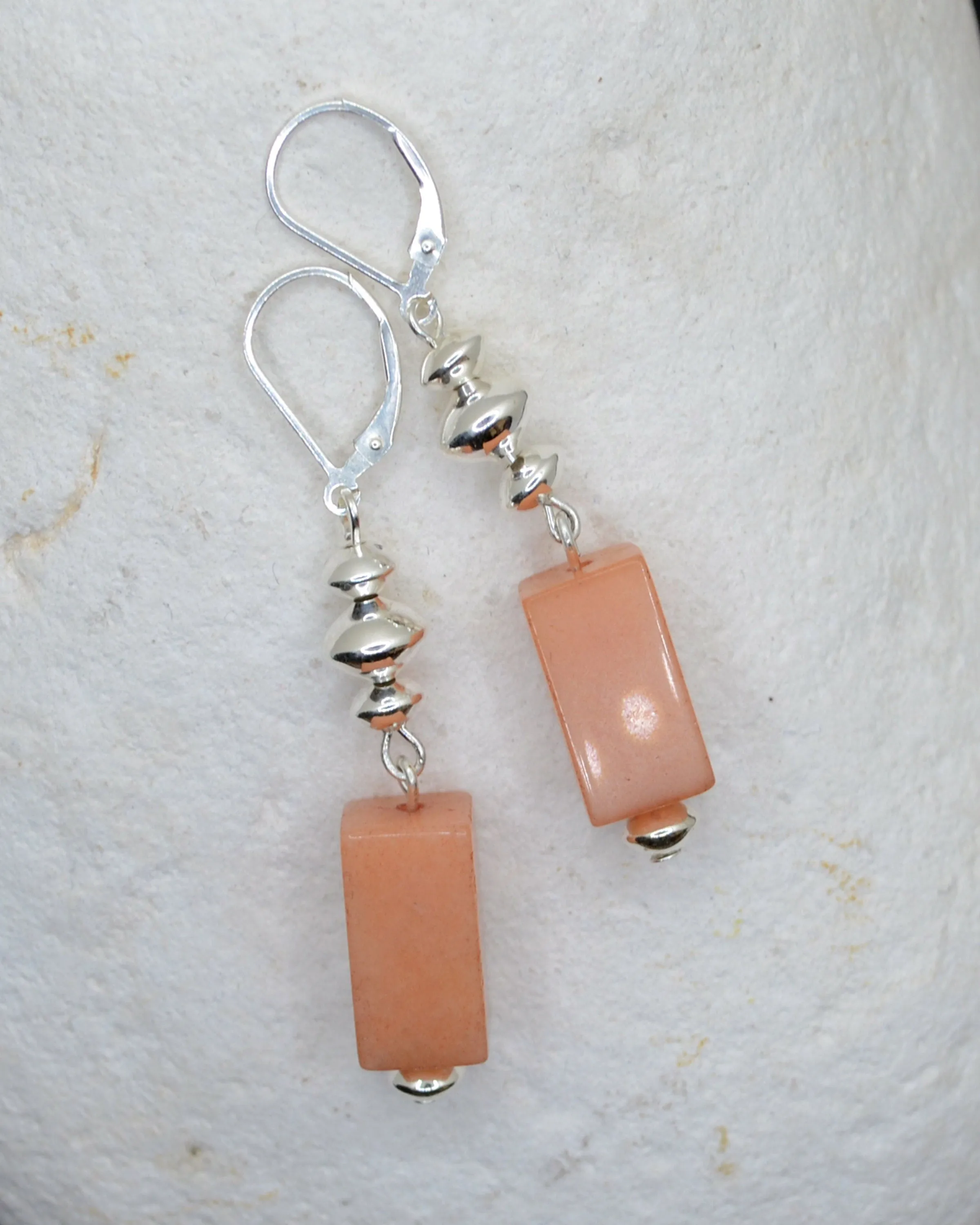 Geometric stone and silver dangling earrings, statement pastel orange earrings, agate stone, romantic gift