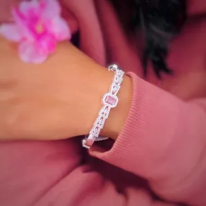 Graceful Silver Bracelet with Light Pink Square Stone at the Center.