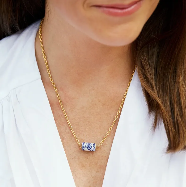 Handpainted Blue and White Porcelain Bead & Tiny Chain Necklace