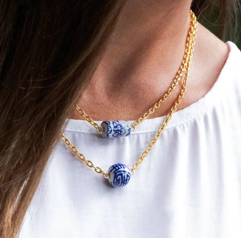 Handpainted Blue and White Porcelain Bead & Tiny Chain Necklace