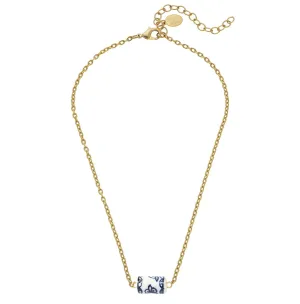 Handpainted Blue and White Porcelain Bead & Tiny Chain Necklace