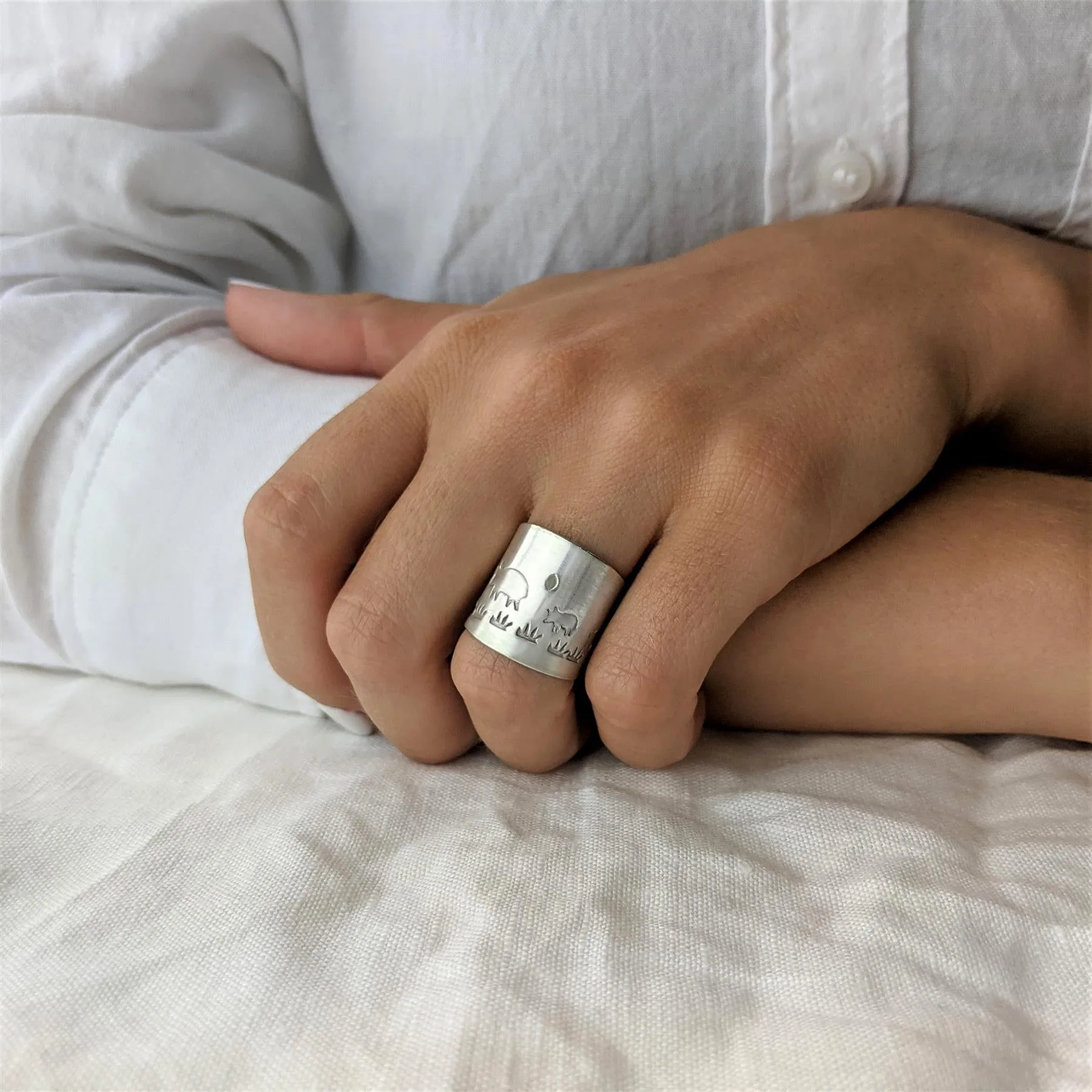 Hill Tribe Silver Farm Animal Landscape Ring - Adjustable Wide Band