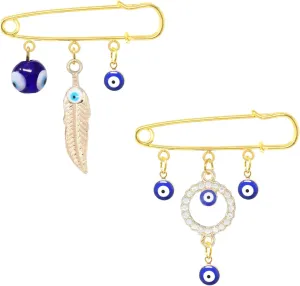 Honbay 2PCS Fashion Enamel Alloy Rhinestone Evil Eye Brooches Safety Pins with Tassel Lucky Charms