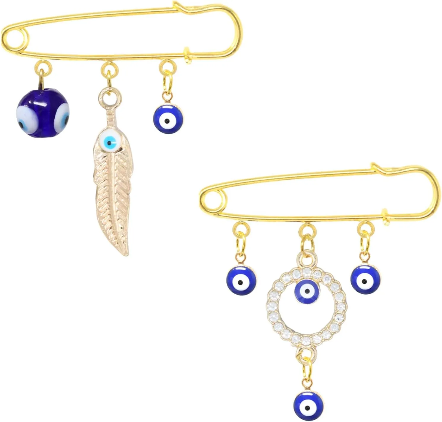 Honbay 2PCS Fashion Enamel Alloy Rhinestone Evil Eye Brooches Safety Pins with Tassel Lucky Charms