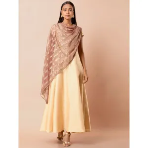 Indya Beige Maxi Dress With Attached Foil Print Dupatta