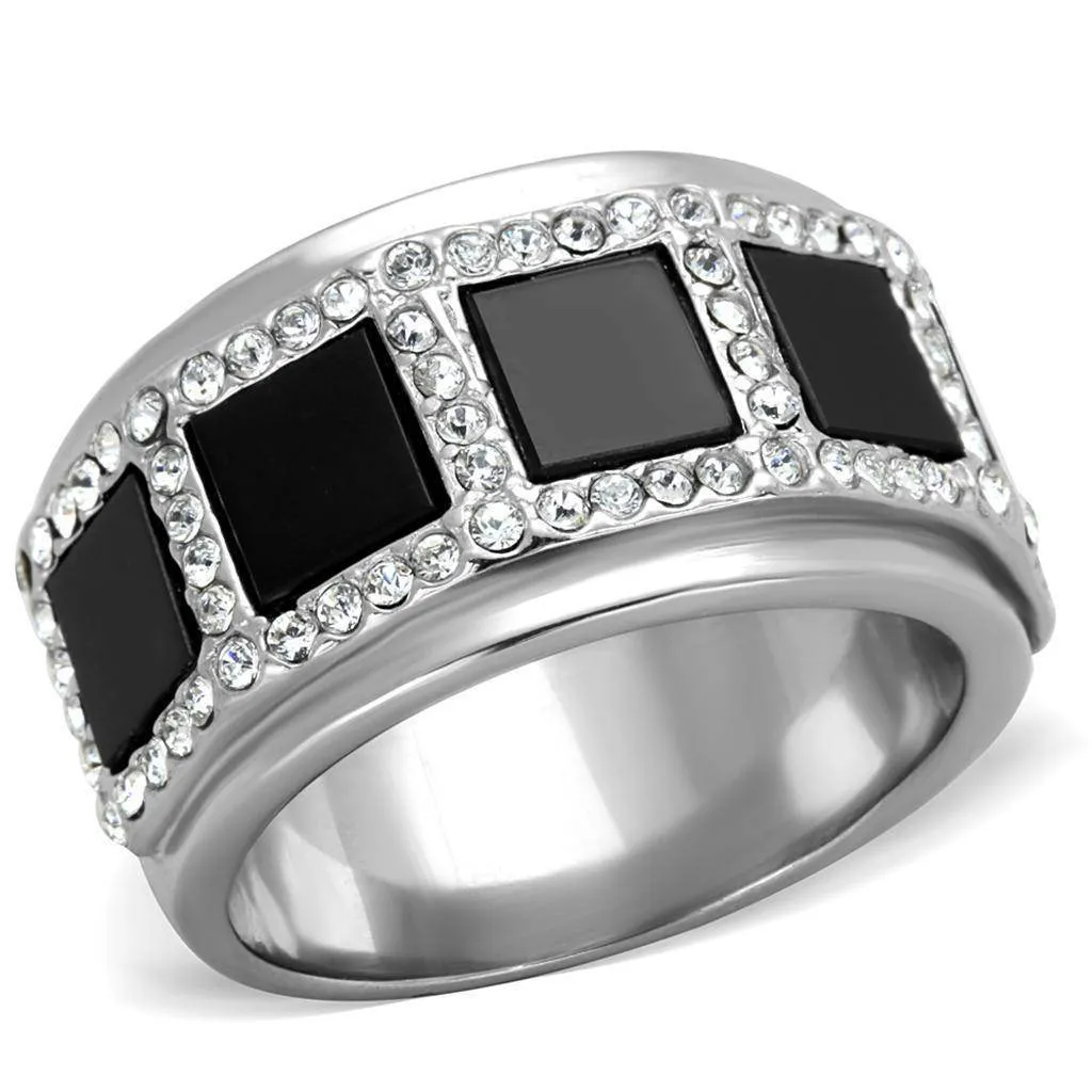 Mens Black Block Stainless Steel Synthetic Onyx Rings