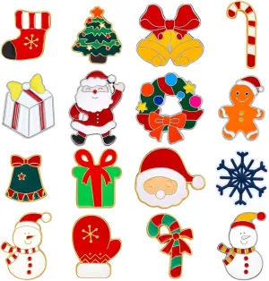 MTLEE 16 Pcs Christmas Brooch Pin Set Xmas Brooch Button Christmas Lapel Pin Tree Snowman Snowflake Santa Bell Xmas Element Jewelry Enamel Badge for Women Clothes Bag Backpack, 16 Styles
