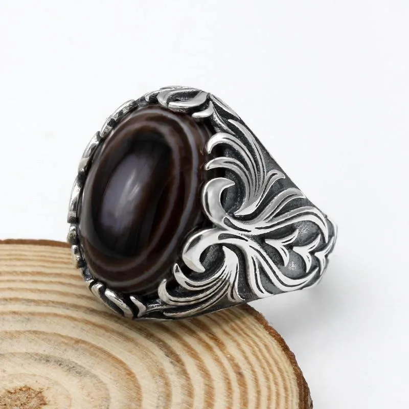 Natural Agate Silver Evil Eye Gemstone Ring