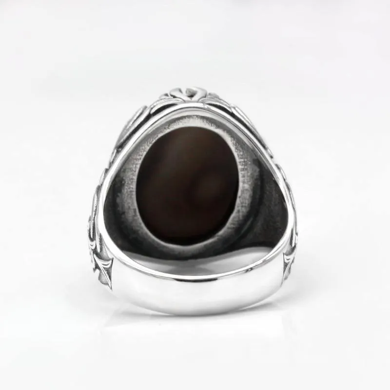 Natural Agate Silver Evil Eye Gemstone Ring