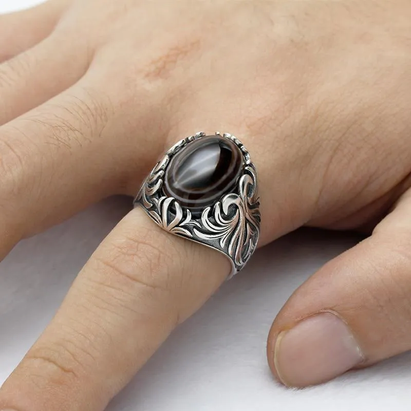 Natural Agate Silver Evil Eye Gemstone Ring