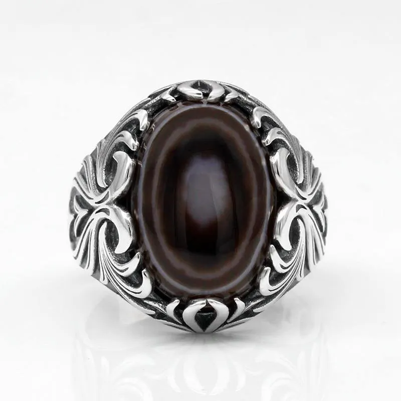 Natural Agate Silver Evil Eye Gemstone Ring
