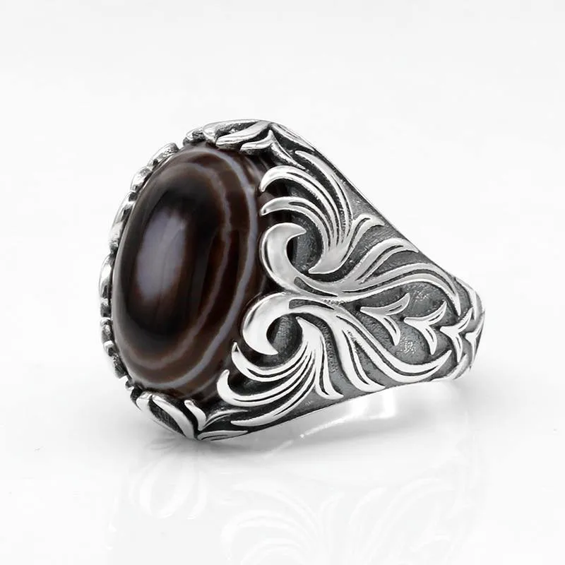 Natural Agate Silver Evil Eye Gemstone Ring