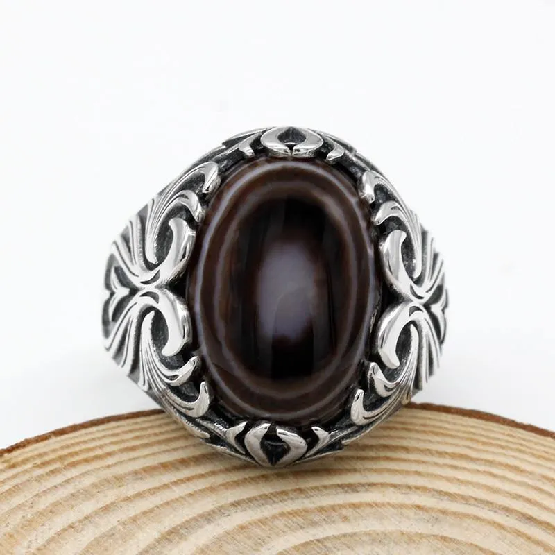 Natural Agate Silver Evil Eye Gemstone Ring