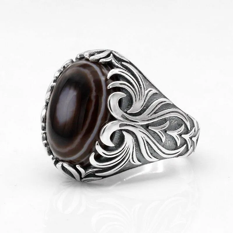 Natural Agate Silver Evil Eye Gemstone Ring