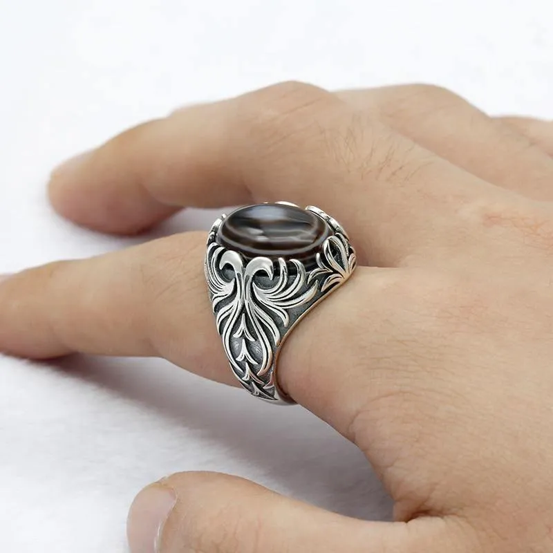 Natural Agate Silver Evil Eye Gemstone Ring