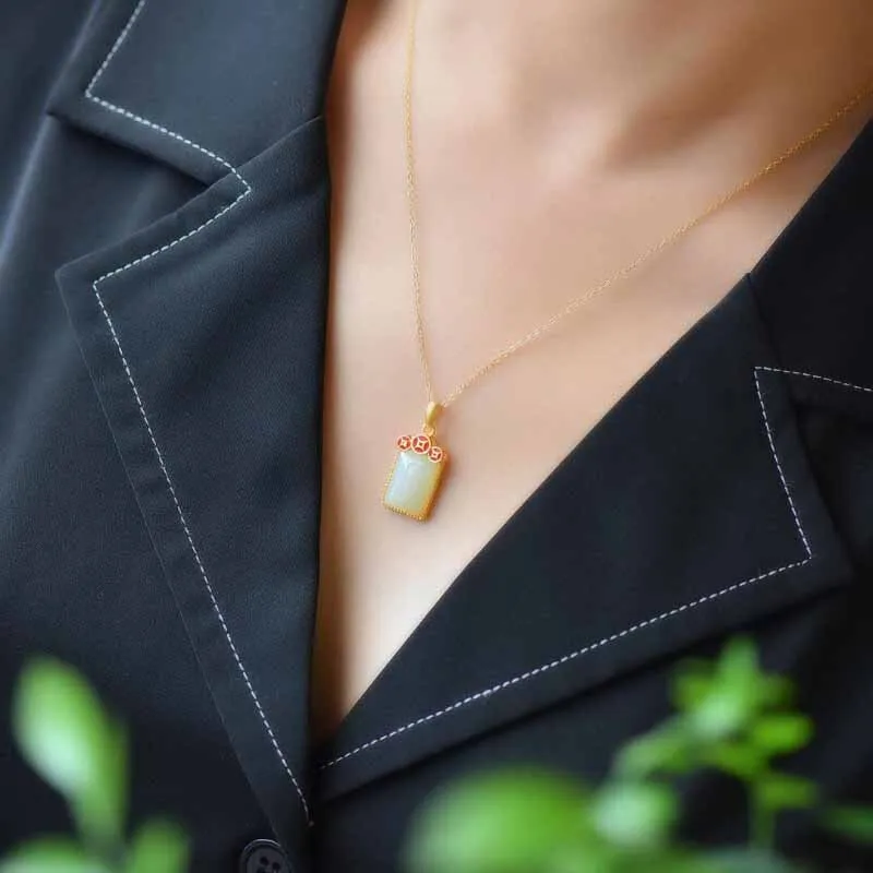 New Chinese style silver inlaid natural hetian chalcedony pendant necklaces
