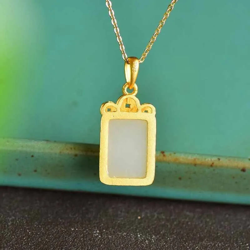 New Chinese style silver inlaid natural hetian chalcedony pendant necklaces