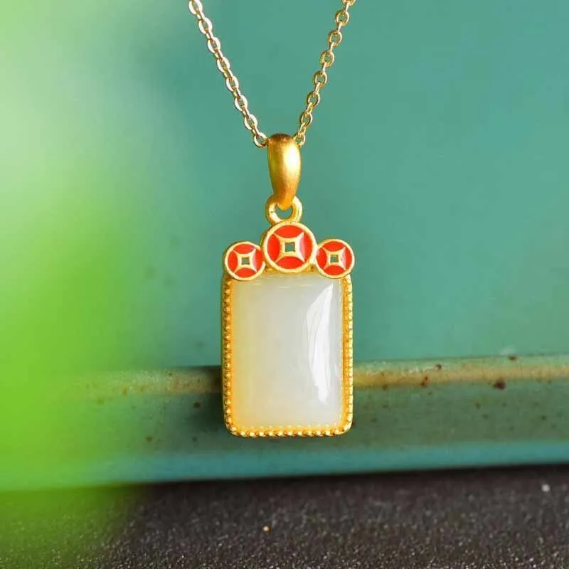 New Chinese style silver inlaid natural hetian chalcedony pendant necklaces
