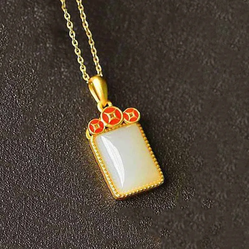 New Chinese style silver inlaid natural hetian chalcedony pendant necklaces