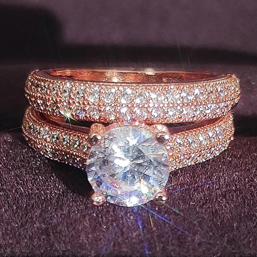 New Design Rose Gold Silver Color Round Cut AAA  Quality Luxury Wedding Ring Set