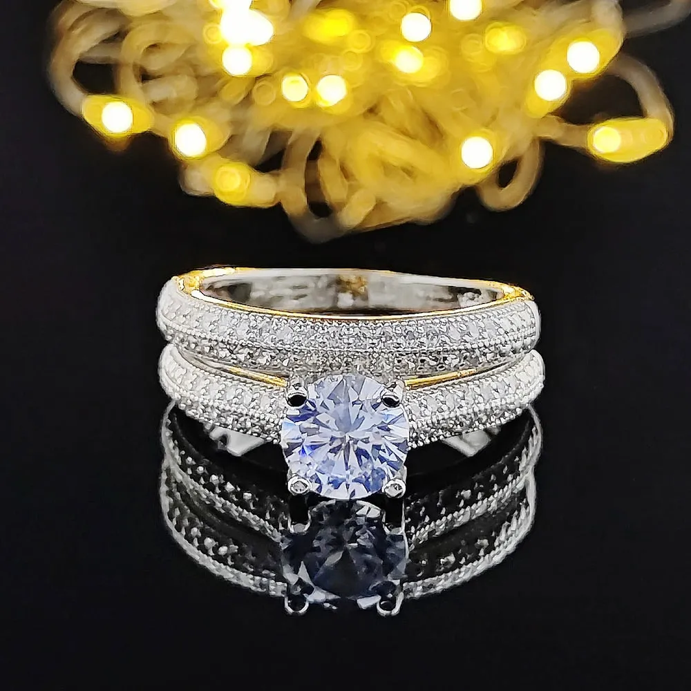 New Design Rose Gold Silver Color Round Cut AAA  Quality Luxury Wedding Ring Set