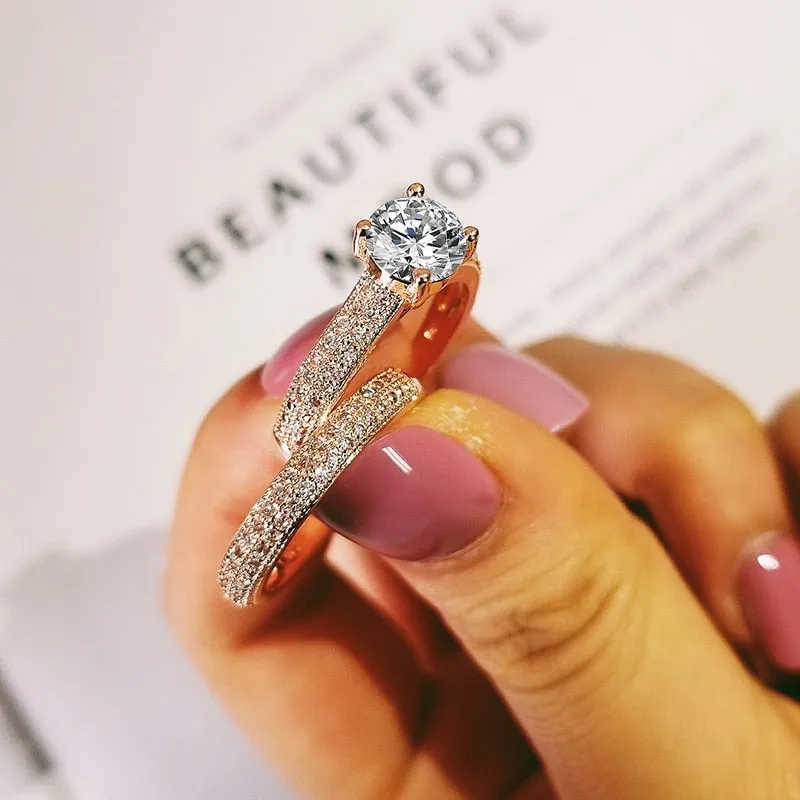 New Design Rose Gold Silver Color Round Cut AAA  Quality Luxury Wedding Ring Set