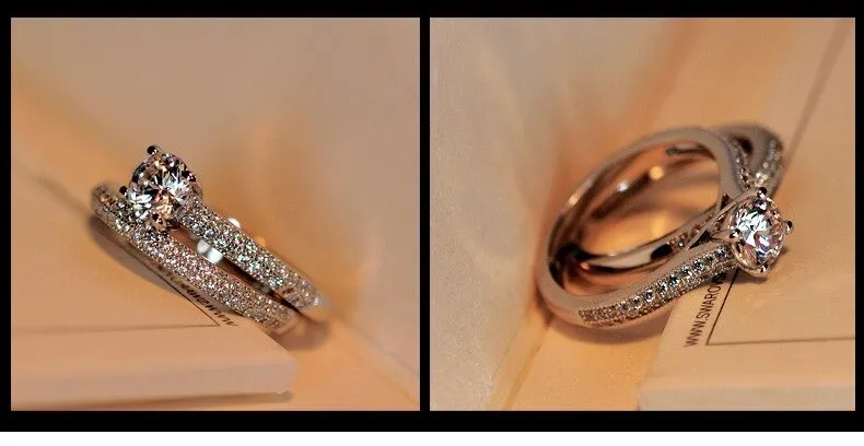 New Design Rose Gold Silver Color Round Cut AAA  Quality Luxury Wedding Ring Set