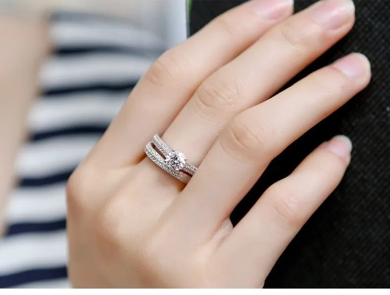 New Design Rose Gold Silver Color Round Cut AAA  Quality Luxury Wedding Ring Set