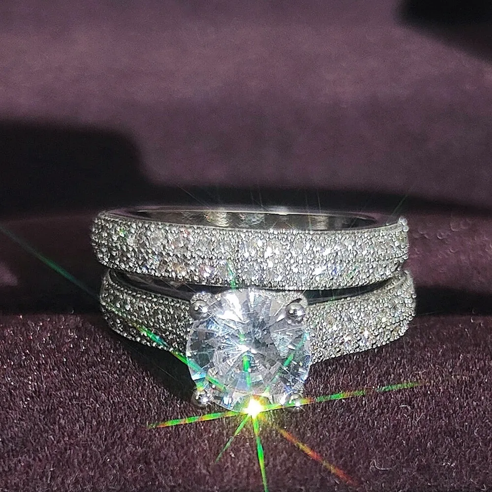 New Design Rose Gold Silver Color Round Cut AAA  Quality Luxury Wedding Ring Set