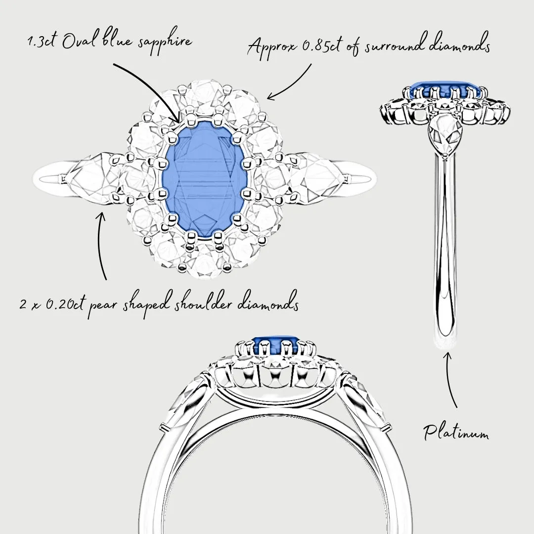 Oval Sapphire Cluster With Pear Shoulder Diamonds