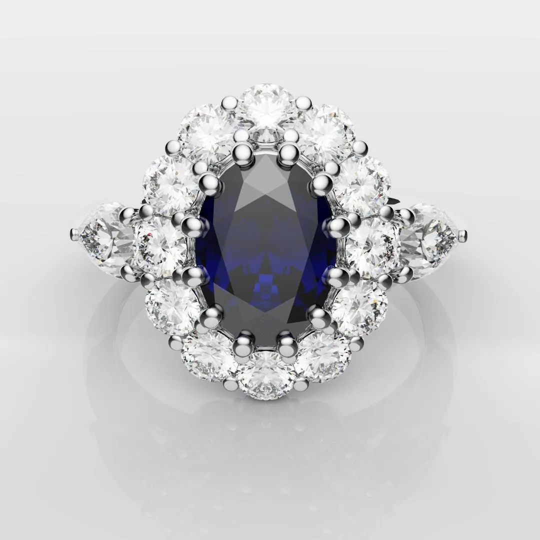 Oval Sapphire Cluster With Pear Shoulder Diamonds