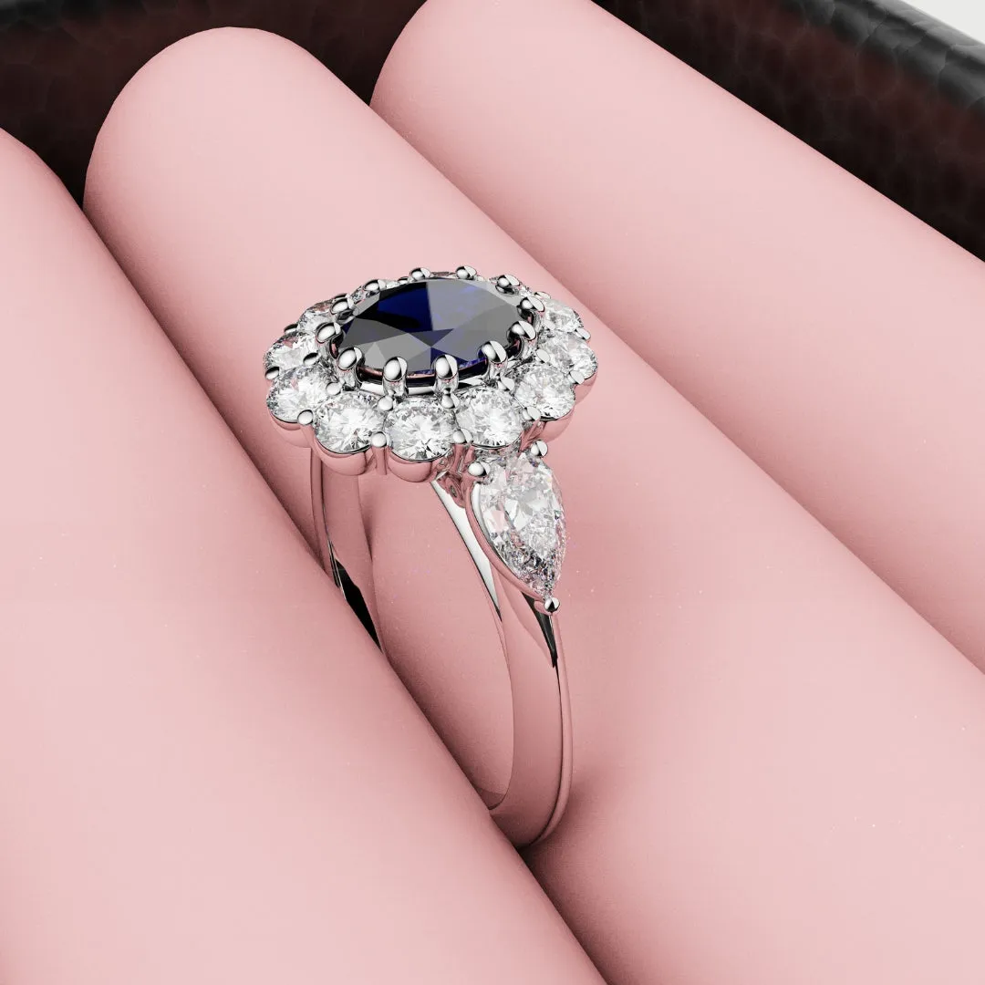 Oval Sapphire Cluster With Pear Shoulder Diamonds