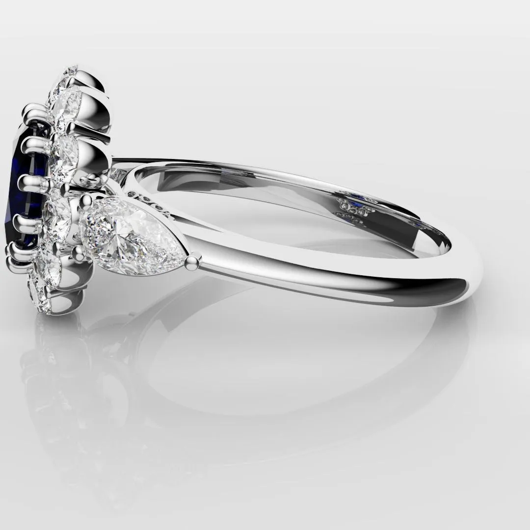 Oval Sapphire Cluster With Pear Shoulder Diamonds