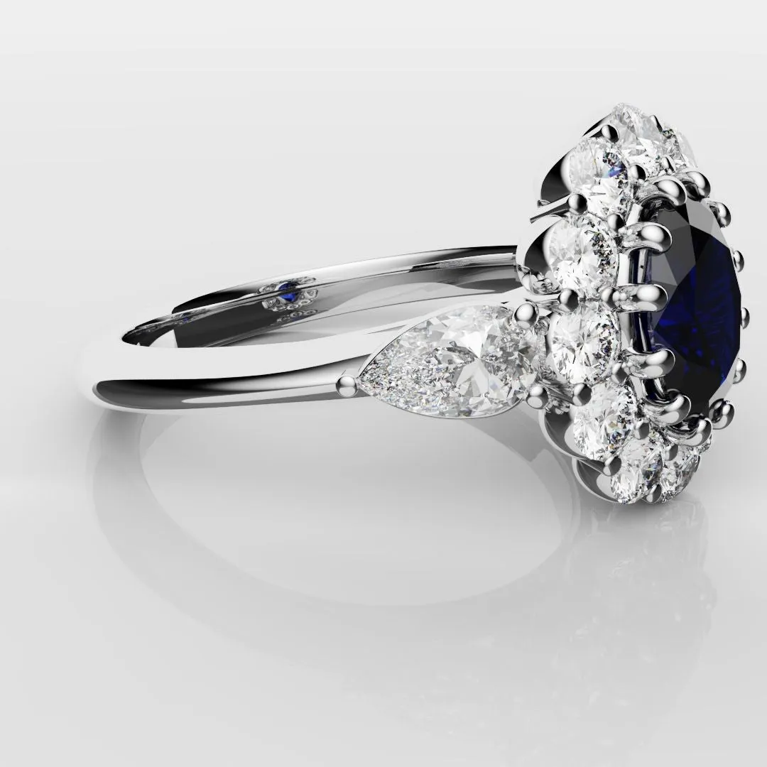 Oval Sapphire Cluster With Pear Shoulder Diamonds